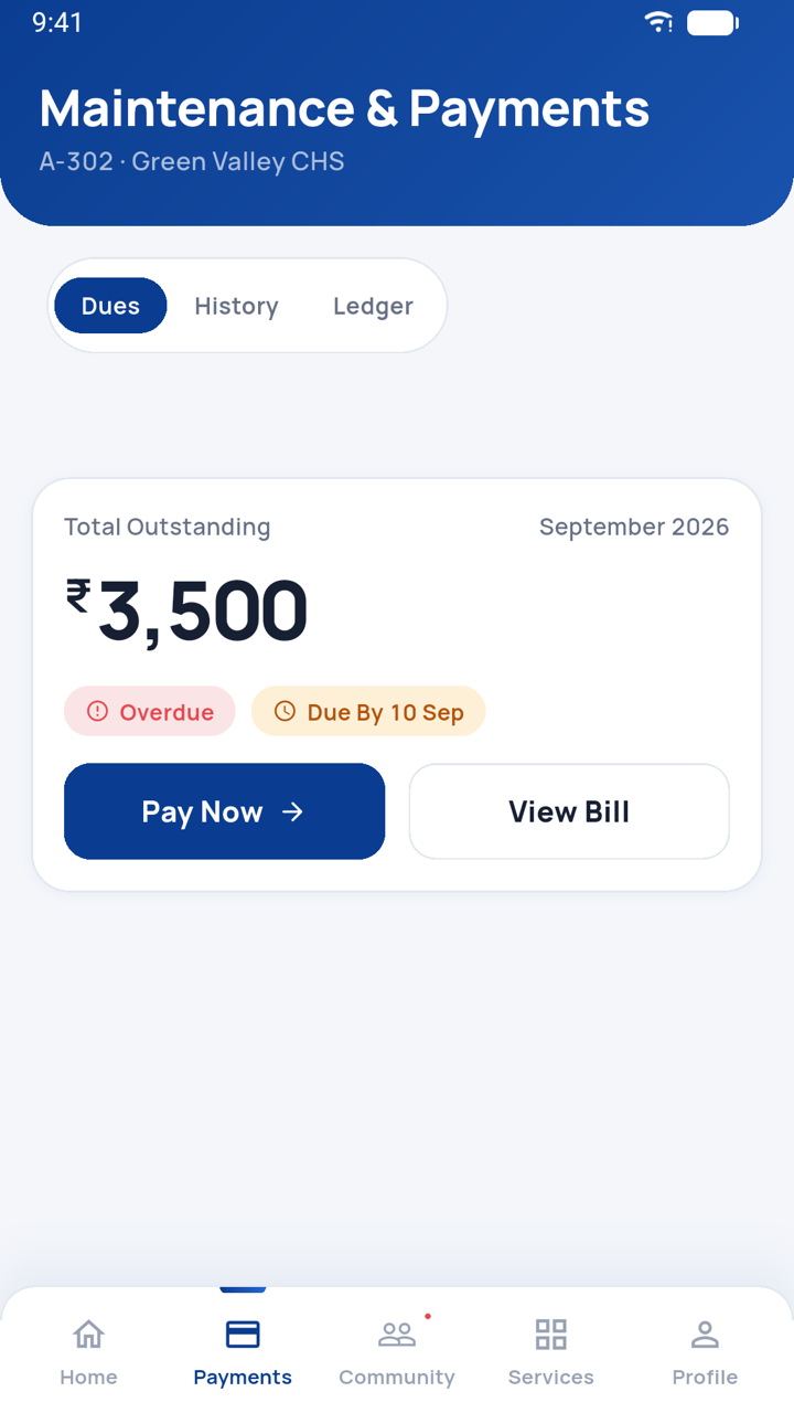 Socnivo payments screen showing total maintenance outstanding with Dues, History and Ledger tabs and a Pay Now button