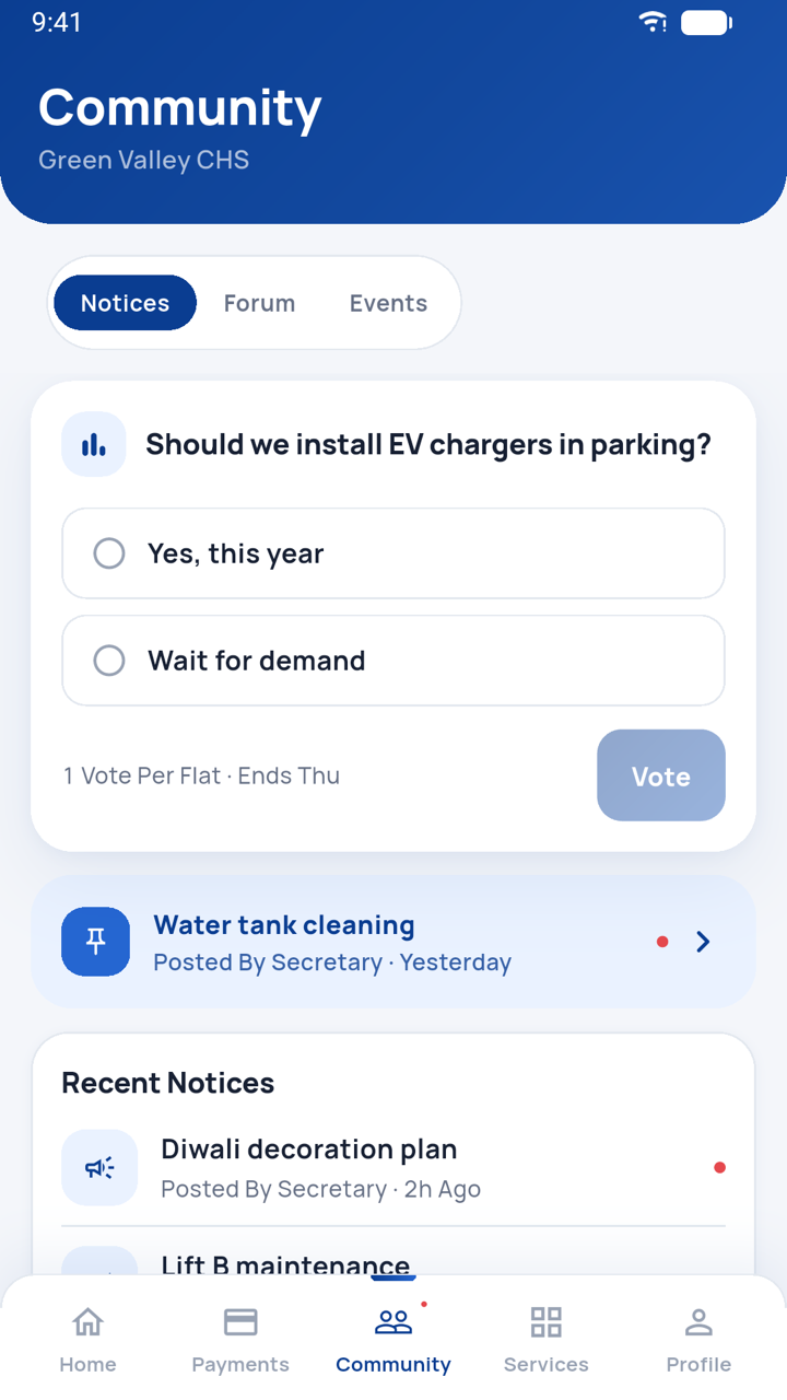 Socnivo community screen showing a one-vote-per-flat resident poll and pinned society notices