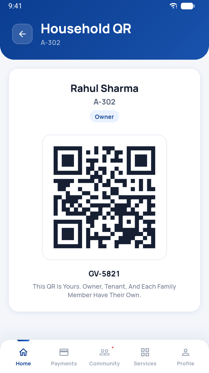 Socnivo personal entry QR screen — every resident and family member has a private QR the guard scans at the gate