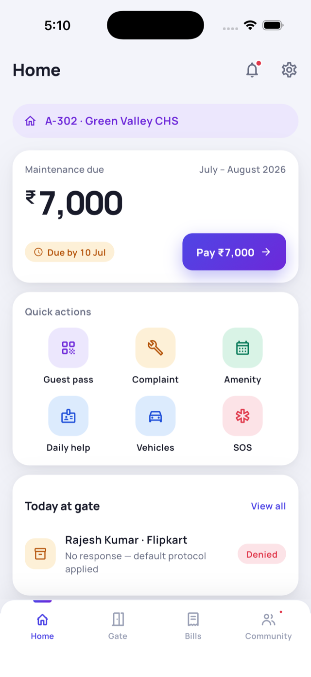 The Socnivo resident home screen showing dues, quick actions and gate activity
