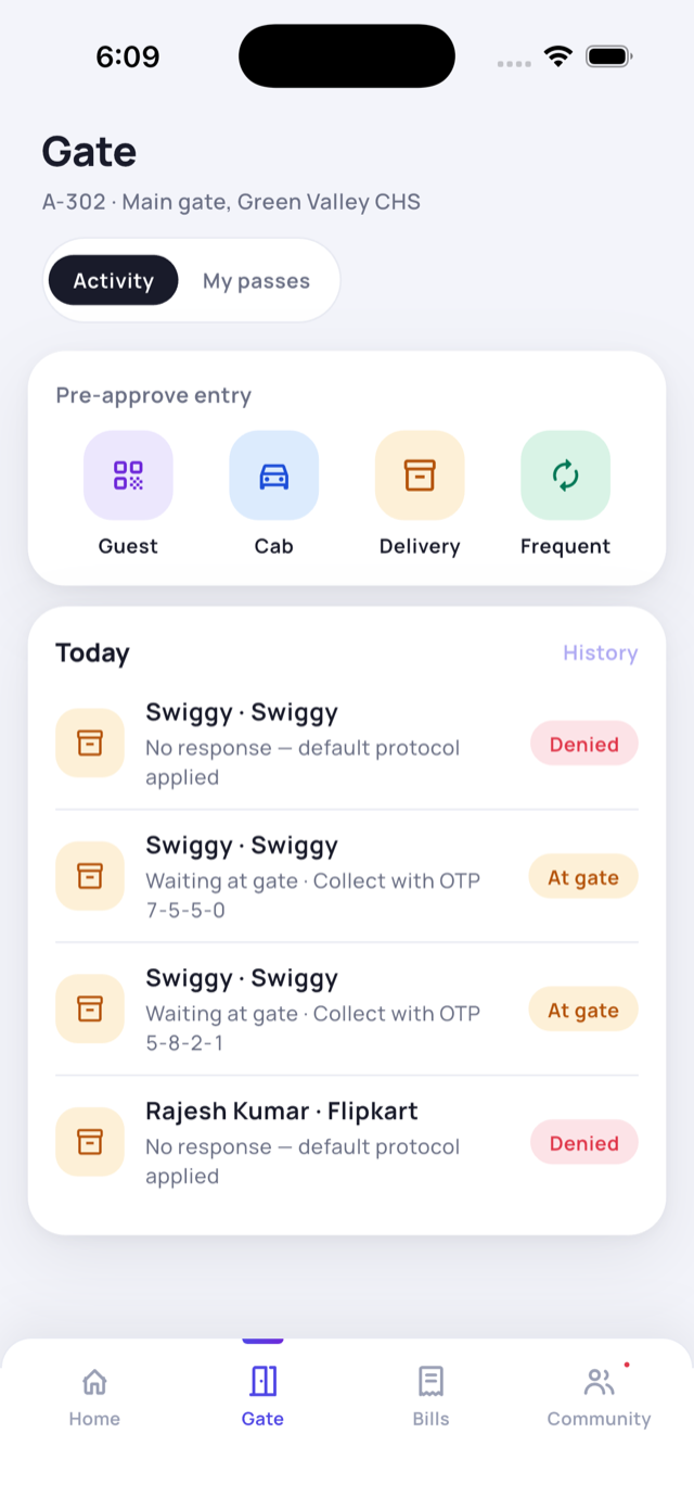 Gate activity feed with statuses