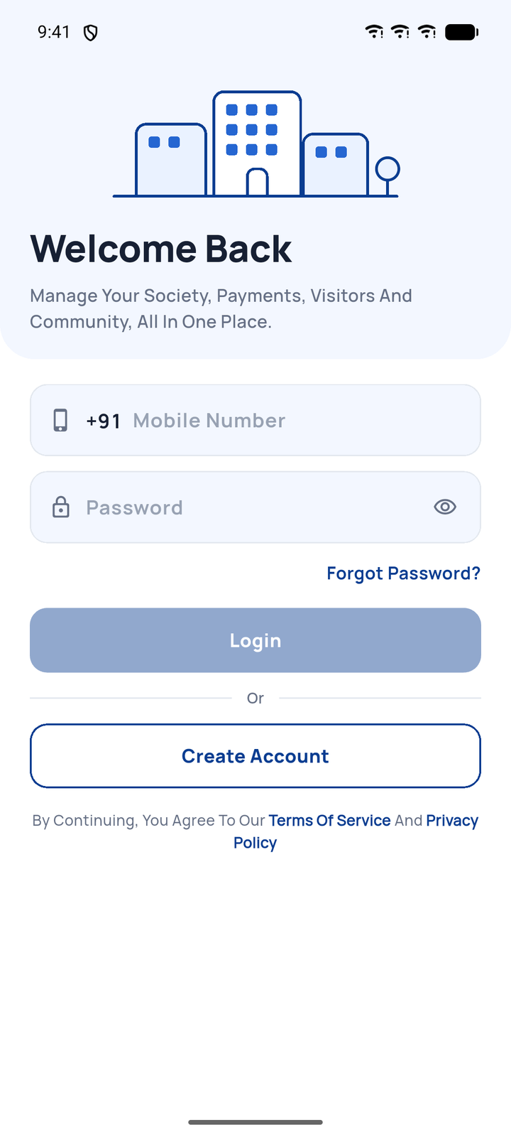 Sign-in screen with mobile number and password