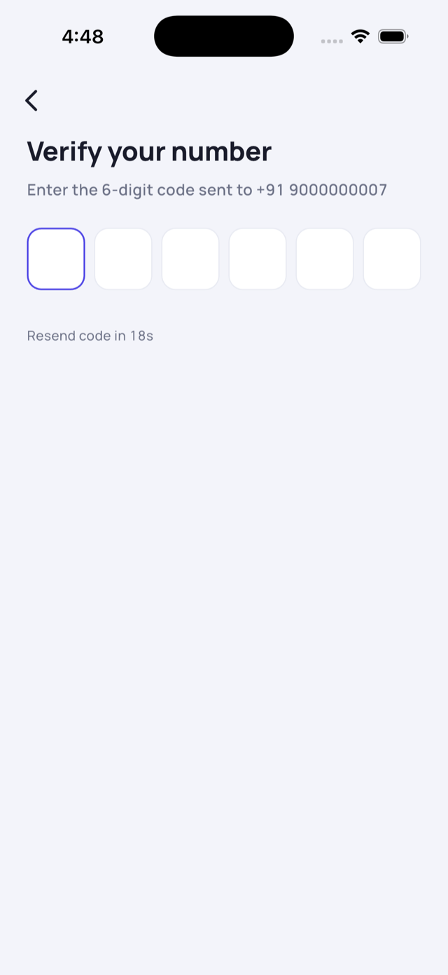 Verify your number screen with 6-digit code boxes