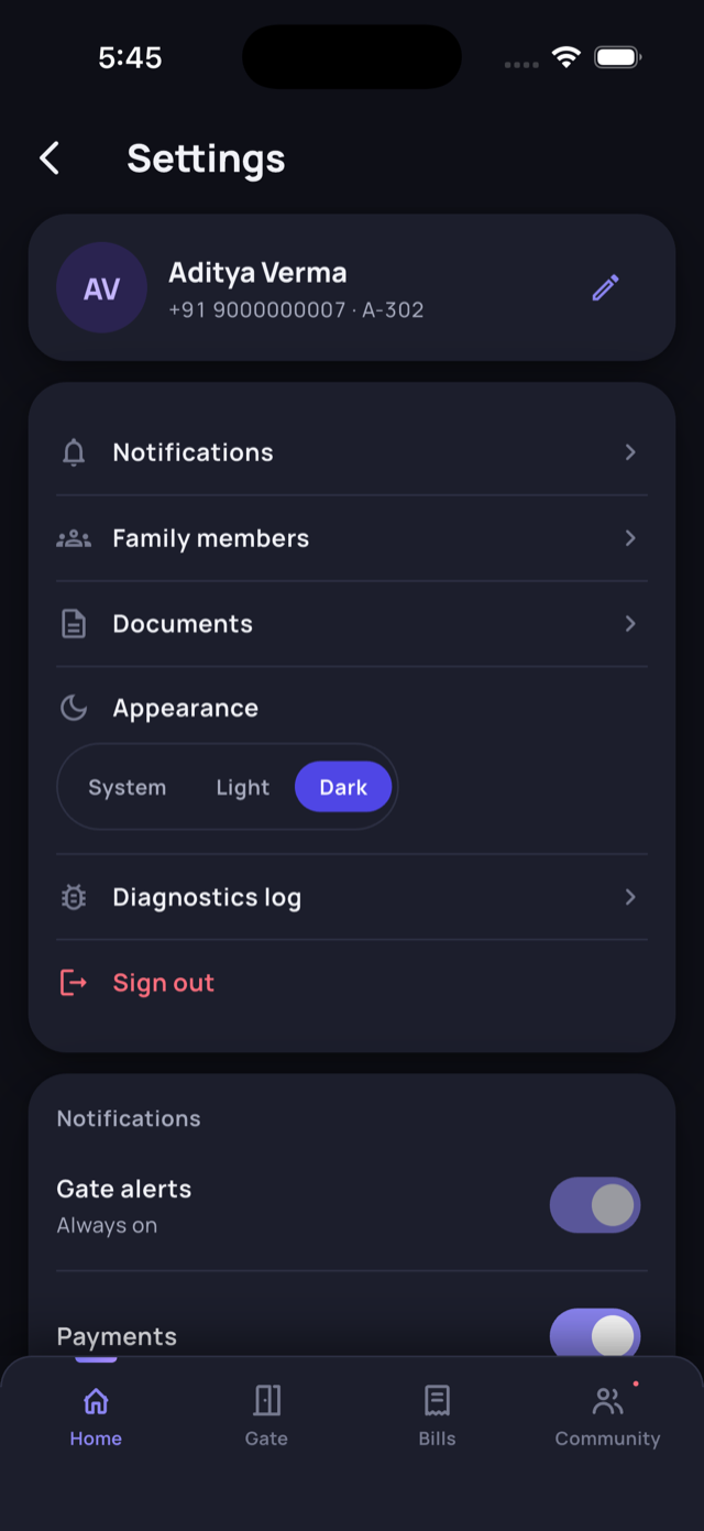 Settings in dark mode