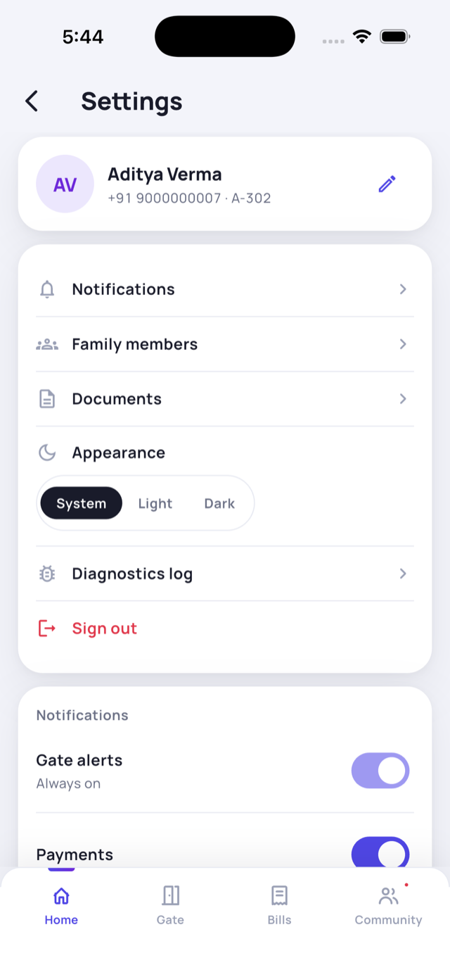 Settings screen