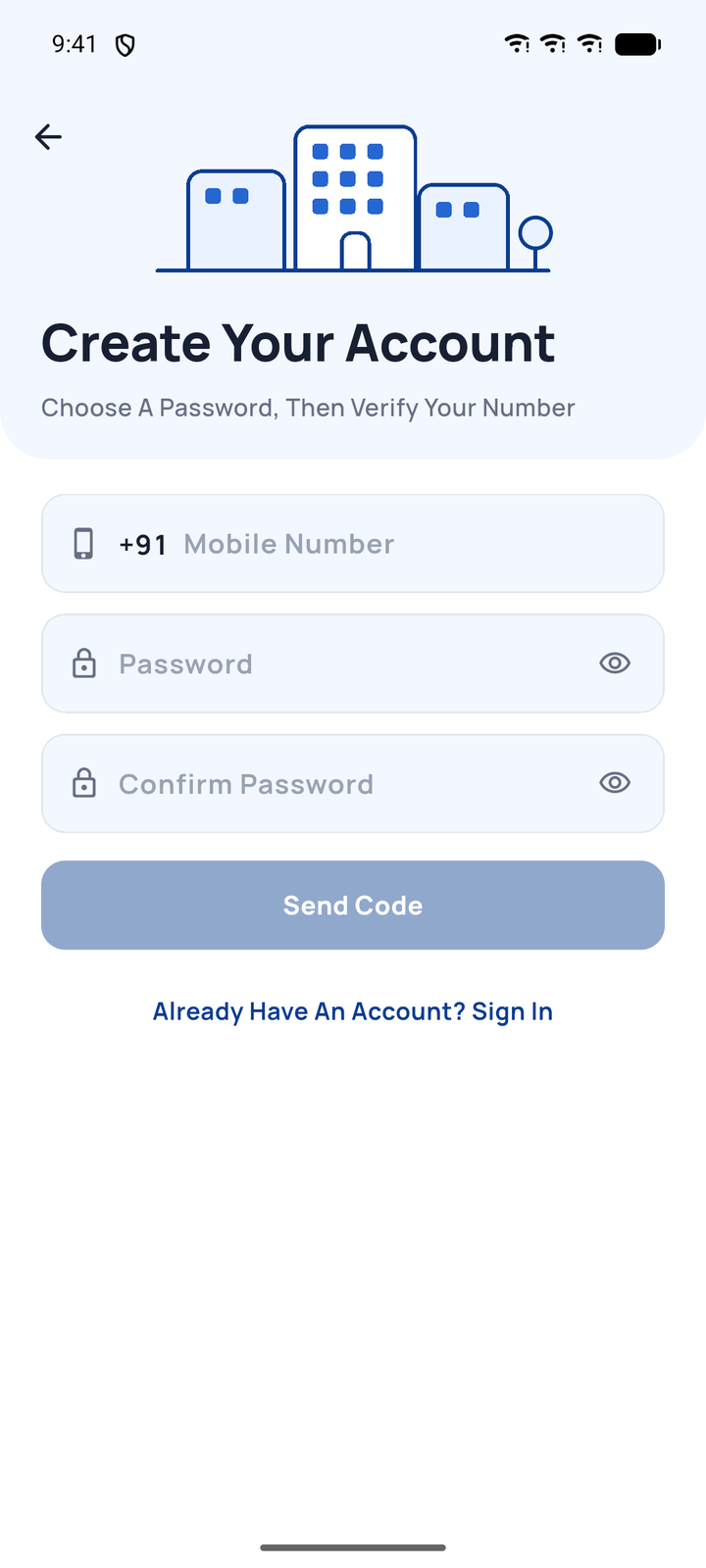 Create account screen with mobile number and password